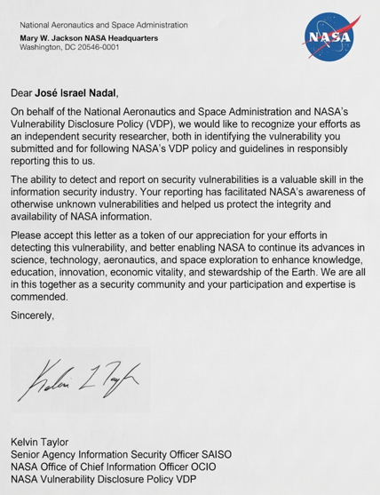 Carta de la NASA reconociendo a José Israel Nadal por su reporte de vulnerabilidad