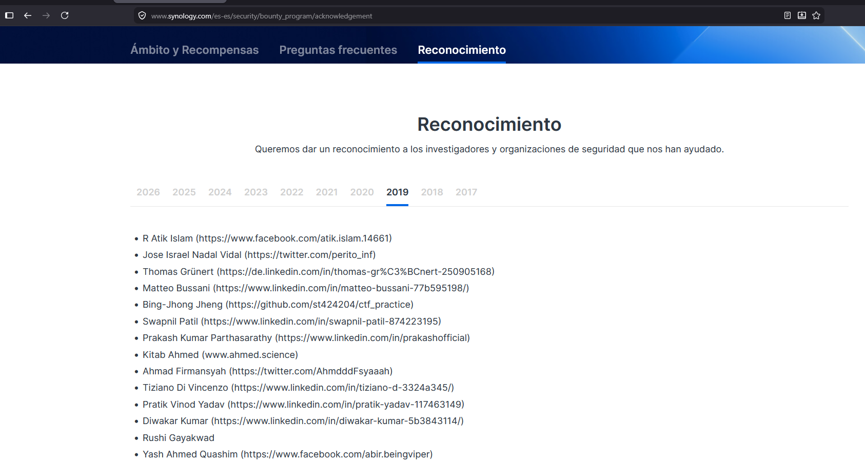 Página de reconocimientos 2019 de Synology con el nombre de José Israel Nadal Vidal